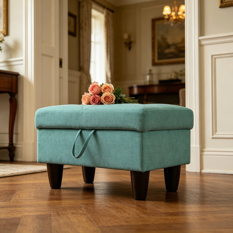 Linen Tufted Storage Ottoman, Upholstered Foot Stool, Green Linen Blend