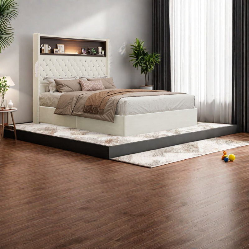 Luxueux lits plateforme en velours avec rangement et USB, design moderne pour la maison