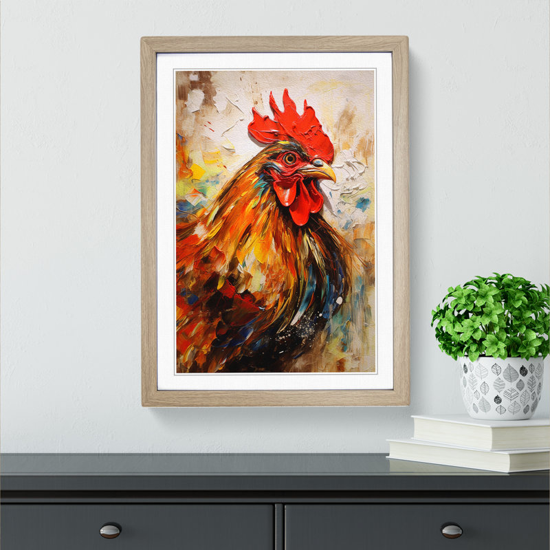 Rooster Contemporary - Single Picture Frame Print on Wood, 34cm H x 25cm W x 2cm D, Oak
