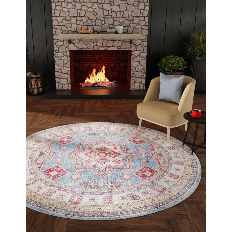 Tapis bleu clair Aucun, Rond 2 pi
