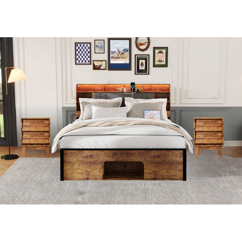 Ensemble de chambre à coucher 3 pièces, cadre de grand lit avec tête de lit tapissier et plateforme en bois et 2 tables de chevet et tiroirs de rangement