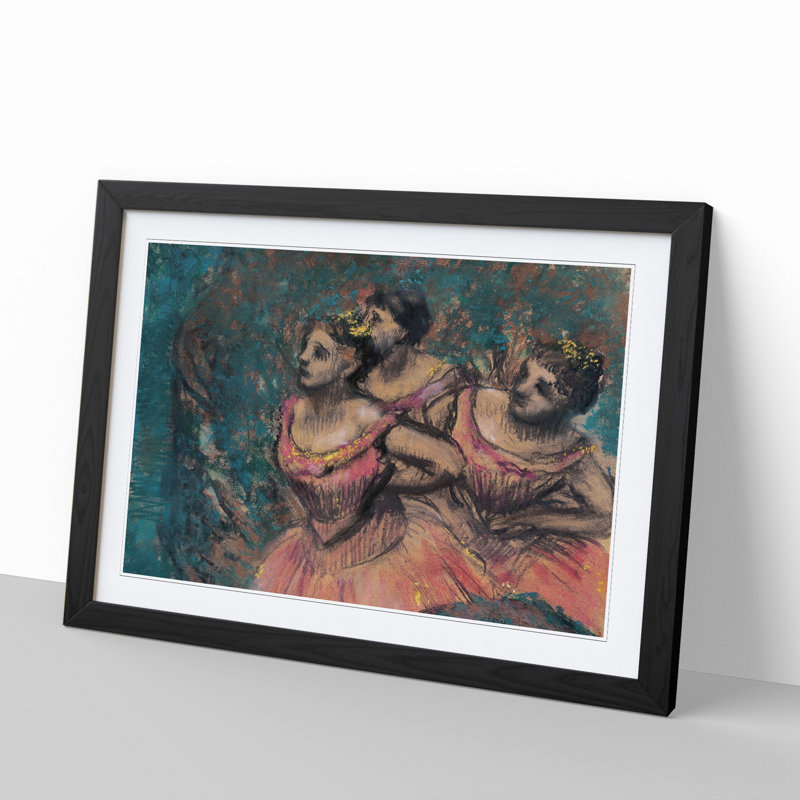 Three Ballet Ballerina Dancers in Pink by Edgar Degas - Picture Frame Painting, Black, 27cm H x 36cm W x 2cm D