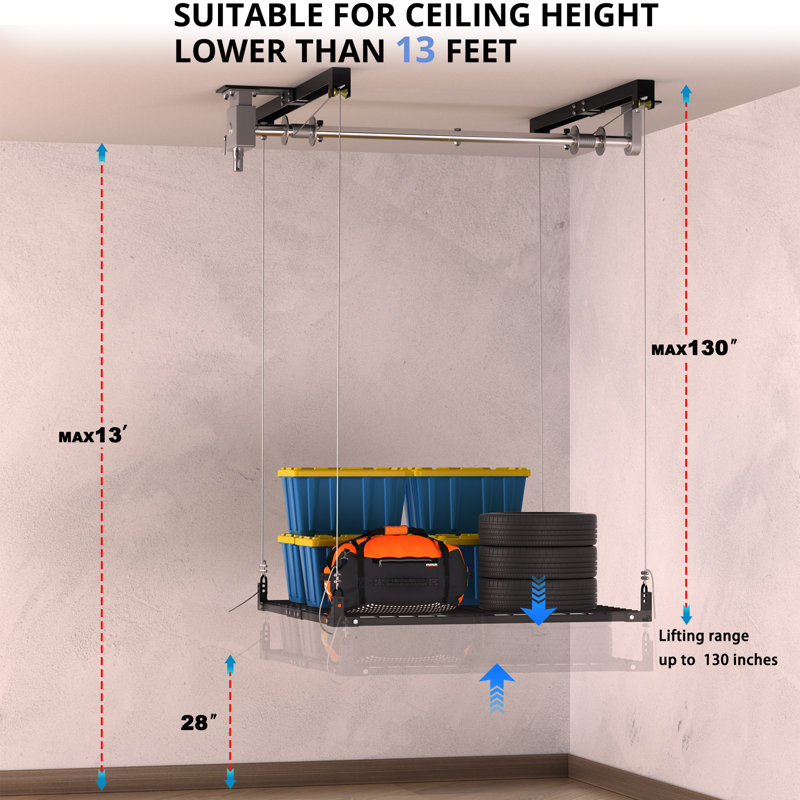 Élévateur de rangement suspendu robuste 4x4 pi pour garage - Capacité de 400 lb avec cadre anti-balancement renforcé - Fonctionnement à manivelle, compatible avec une perceuse électrique (verrouillage sécurisé)