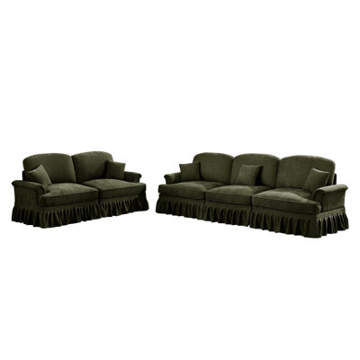 Classic 2 Piece Modular Couch Living Room Sofa Set with Flared Arms and Removable Ruffles Pleats Skirts and Spindle Legs, 3 Seater Sofa + 2-Seat Loves