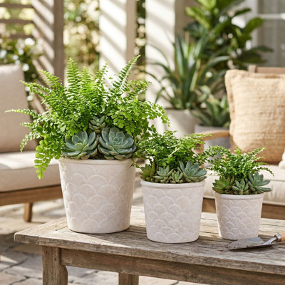 Jardinières d'extérieur texturées en terre cuite festonnée pour entrée ou terrasse - Pots de fleurs d'intérieur pour la décoration du salon - Lot de 3, 23 cm, 18 cm, 15 cm