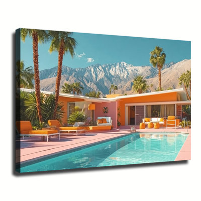 Mid Century Modern Palm Springs Home With Pool Scenery, Large Gallery Wrapped Canvas Wall Art Print For Living Room Bedroom