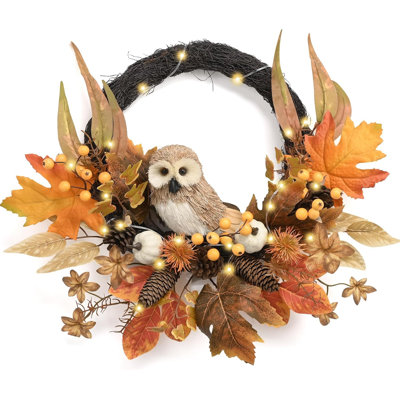  Fall Wreaths for Front Door Outside, 18" Fall Door Wreath with Lights Cute Owl for Harvest Decor, Autumn Maple Leaves Outdoor Decorations for Home Porch Halloween Thanksgiving Decor