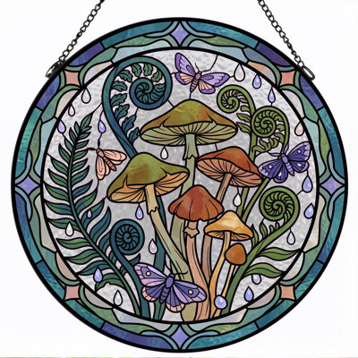 Mushroom Fern Stained Glass Window Panel，12"H