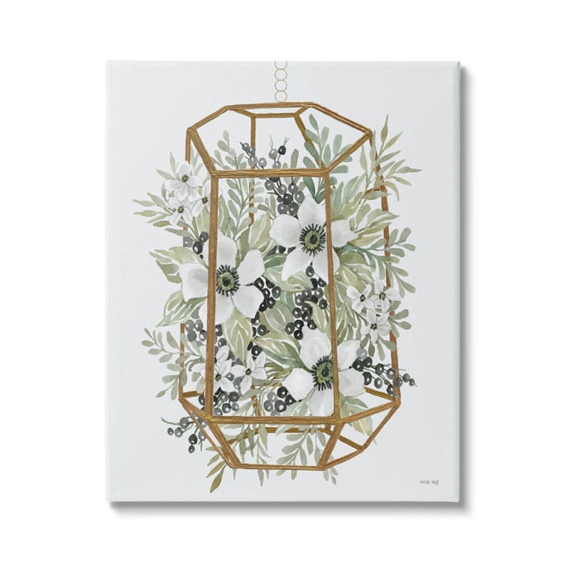 Blanc, coquelicots floraux, baies botaniques, jardinière géométrique moderne, giclée rustique encadrée, art texturé par Cindy Jacobs