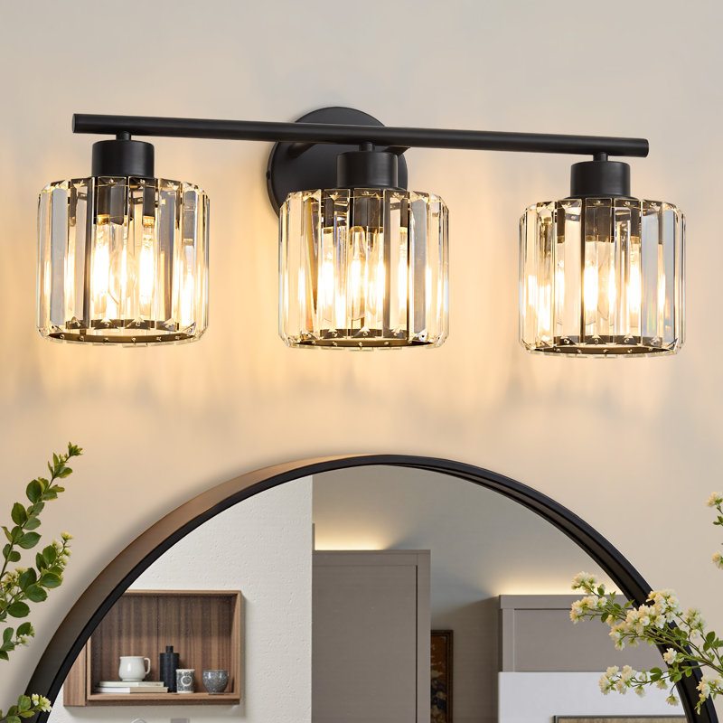 3-light Black Crystal Vanity Light Modern Design Damp Rated For Glam Bathroom & Bedroom Mirror, Matte Black