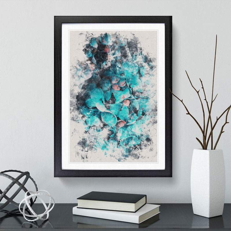 Teal Blue Hydrangeas - Picture Frame Painting, 36cm H x 27cm W x 2cm D, Black Framed