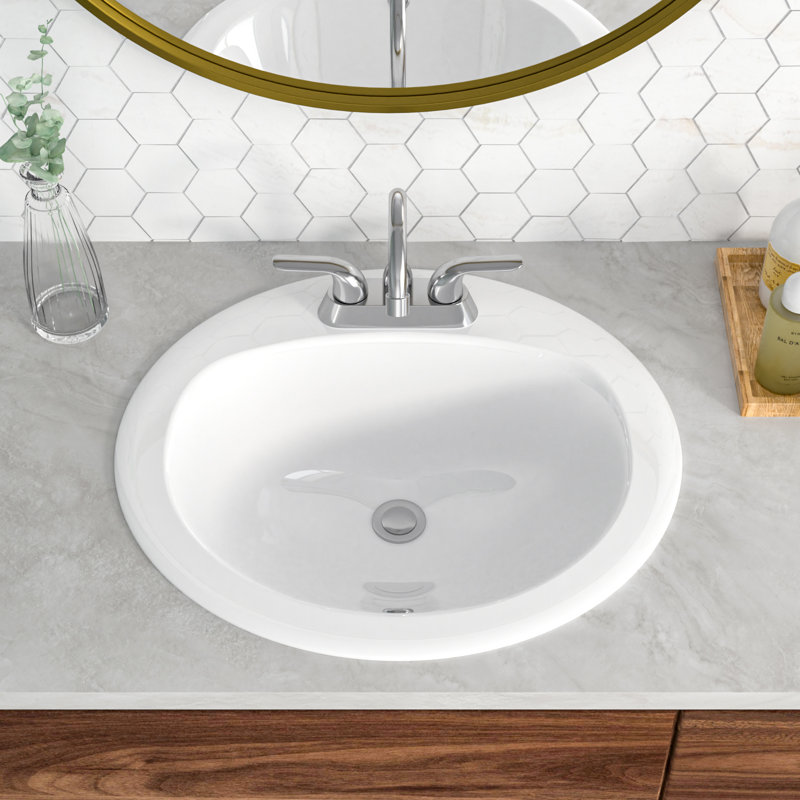 20" Oval White Ceramic Bathroom Sink Drop-In Vanity Basin with Integrated Overflow, 3