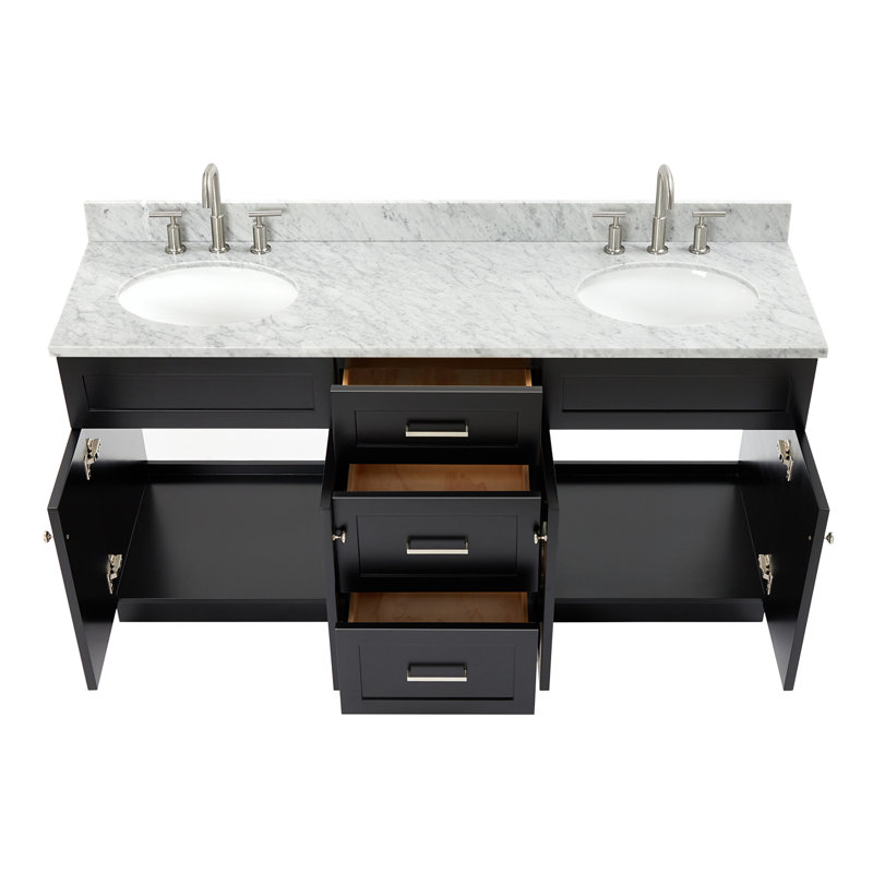 Partham 67" Freestanding Double Sink Vanity with Carrara Marble Top, Noir