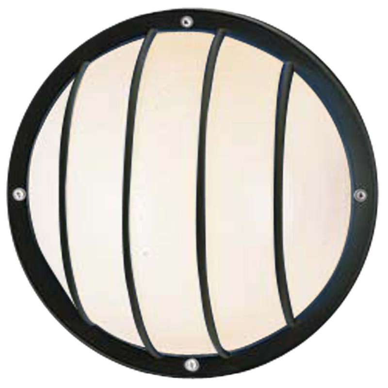 Holbert 1-Light Outdoor Black Fluorescent Round Polycarbonate Wall Mount Bulkhead Light with White Glass  