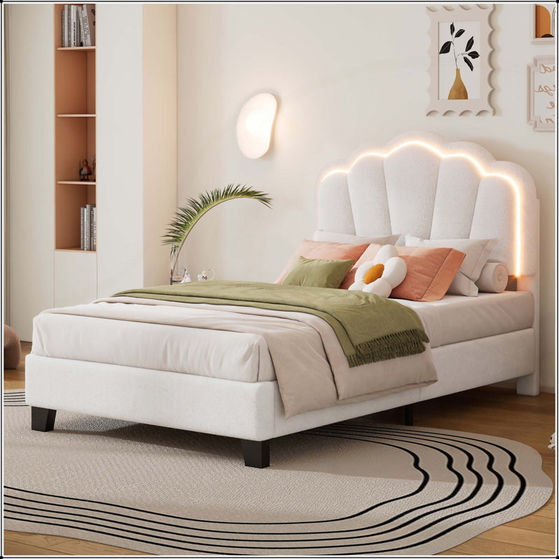 Lit plateforme tapissier exquis en forme de fleur avec lumières DEL et support confortable, Simple, Blanc