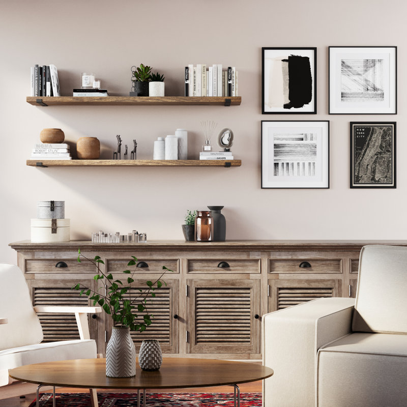 Longues tablettes flottantes de 60 pouces pour le mur, tablette murale en bois avec supports en métal robustes, Provincial