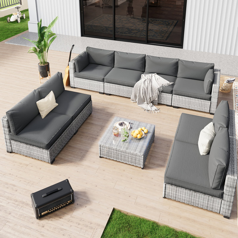 Ensemble de conversation modulaire en osier durable pour 8 personnes, Gris: siège standard, Gris, Non