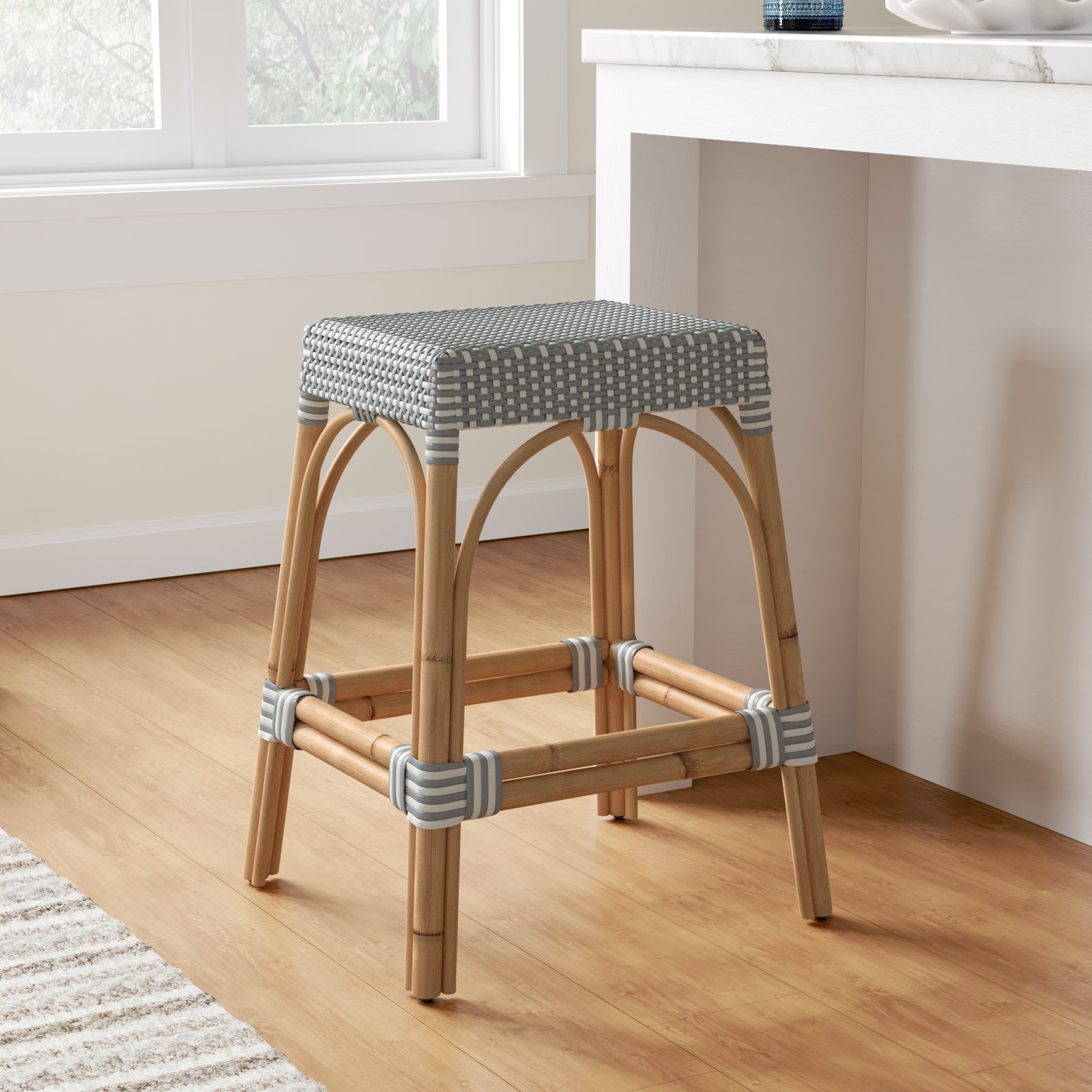 Lennart Bar and Counter Stool, Gray/White Dot / Natural Rattan Frame, Counter Stool (24.5" Seat Height)