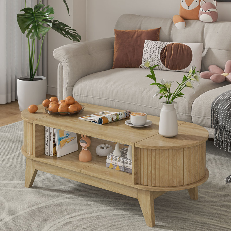 46.45" Oval Shaped Coffee Table With Storage, Fluted Accent Table For Living Room, Wood
