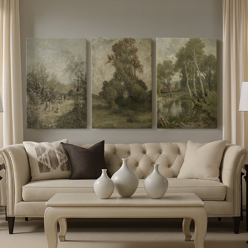 Paysage rétro CLxx III - Toile tendue avec châssis sur mesure - 3 pièces, H 12 po x l 24 po