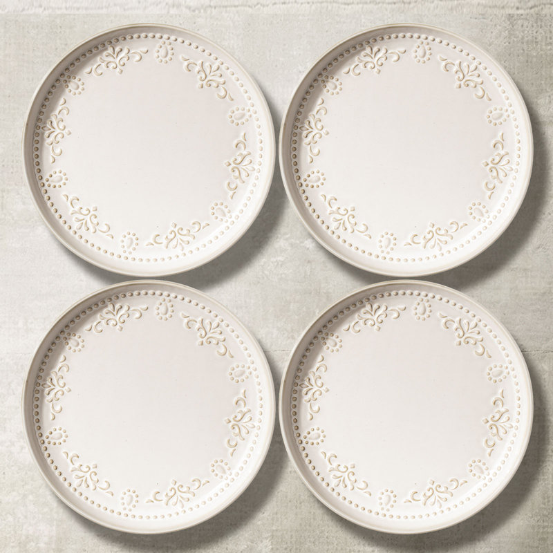 4 assiettes à dîner / salade 8,5 po 4 pièces, glacis réactif, rebord anti-éclaboussures, va au micro-ondes, registre de mariage et cadeau des Fêtes, damas