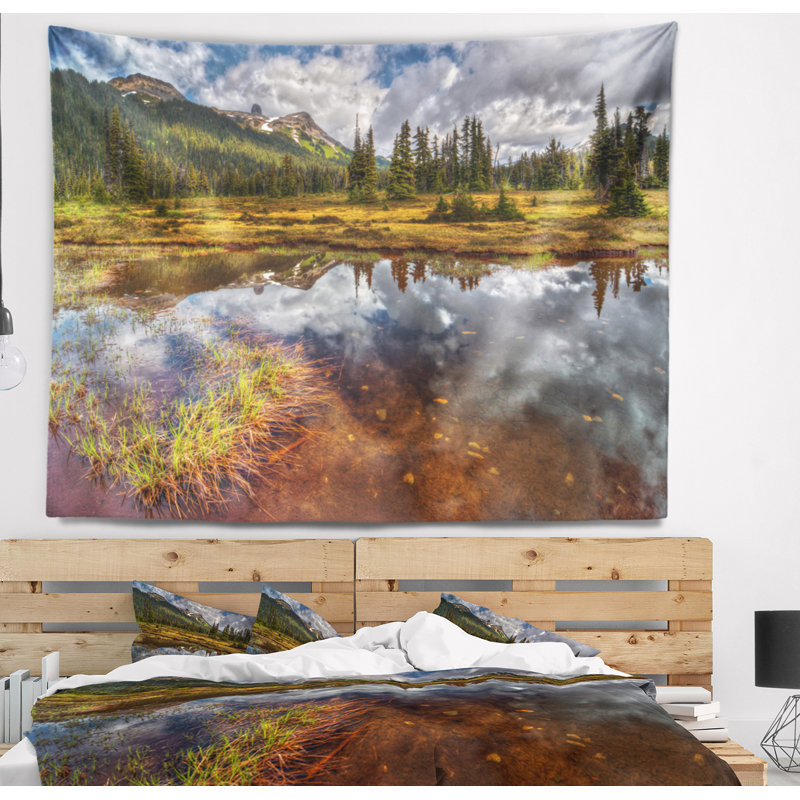 Paysage, lac transparent, miroir, tapisserie, ciel nuageux, H 32 po x l 39 po