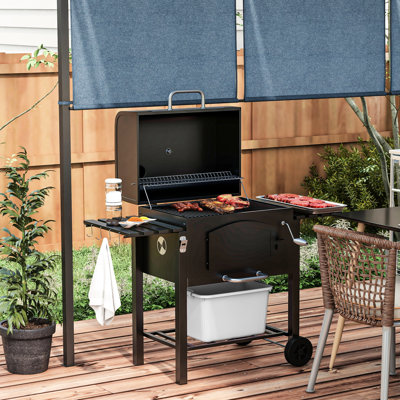 Portable Charcoal Grill, With 371 Sq.Inch Cooking Space, Adjustable Height, Folding Shelves, Thermometer, Bottle Opener & Wheels, Black Bbq Grill Two Side Tables, Wheels For Patio,