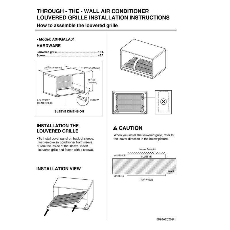 Stamped Aluminum Rear Grille for 26" Wall Sleeve Air Conditioner