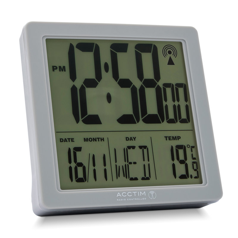Acctim Varsity Digital Alarm Clock Radio Controlled Crescendo Alarm Date & Temperature Display, Grey
