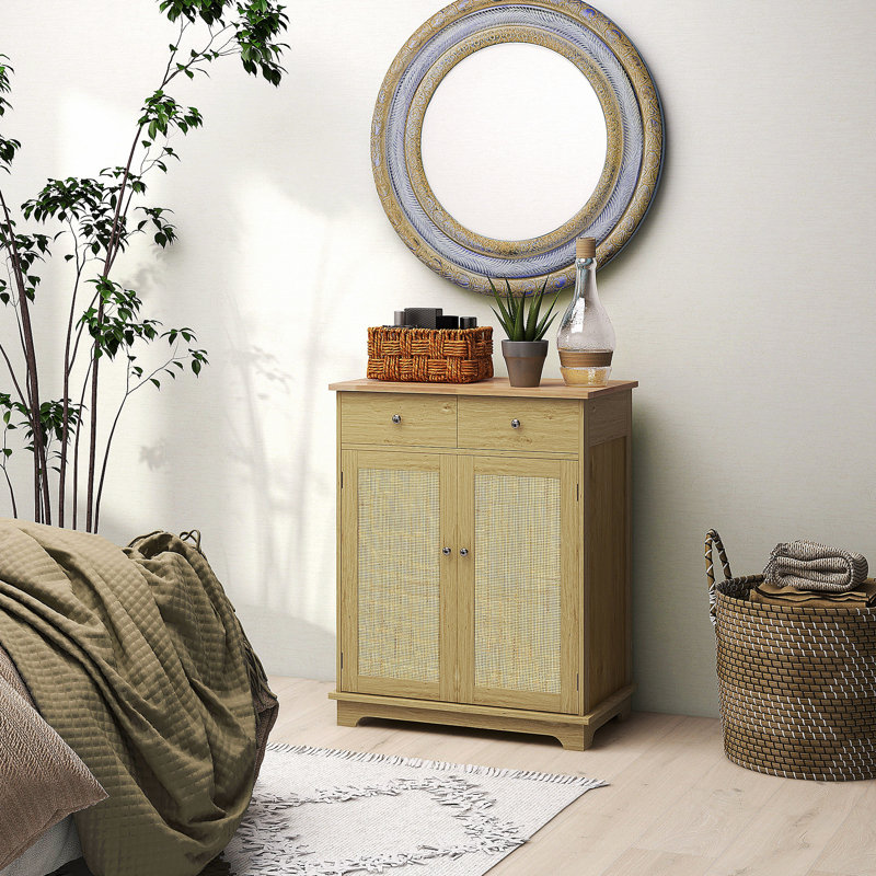 Buffet en bois massif - 2 tiroirs, portes, tablette réglable naturelle pour rangement fonctionnel, comptoir, tablette, espace décoratif