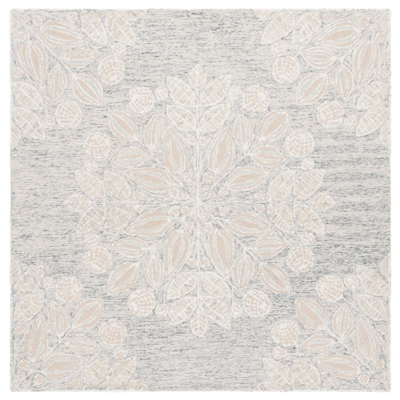 Handmade Gray and Ivory Floral Wool Square Rug