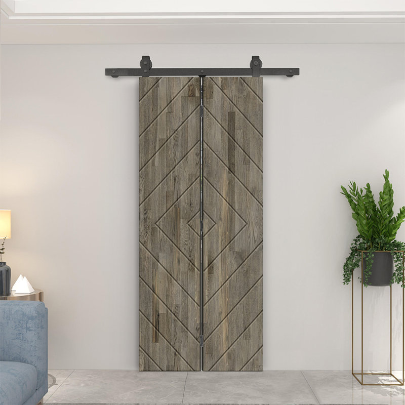 Porte de grange pliante en bois de pin teinté avec quincaillerie coulissante, Gris météo, 20" x 80"