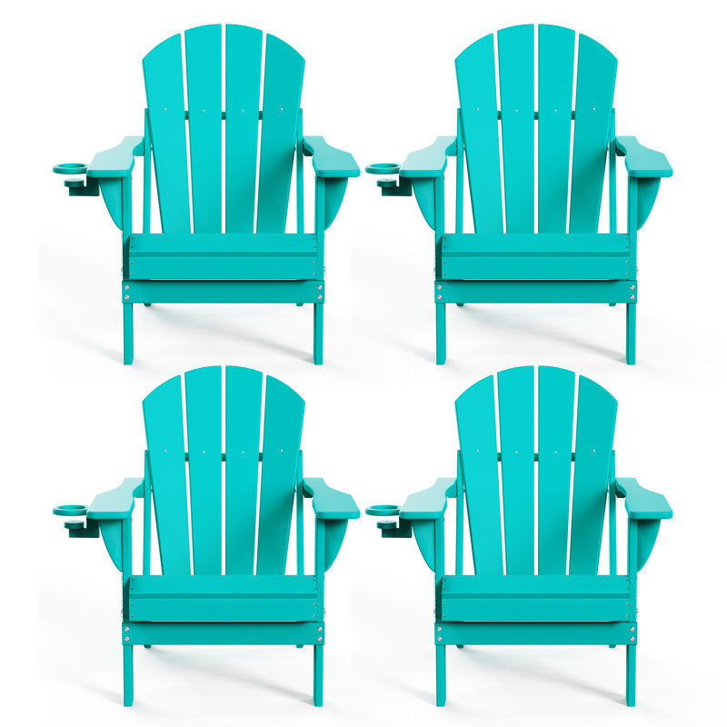 Chaise de foyer d'extérieur pliable en PEHD Adirondack avec porte-gobelet, Bleu lac