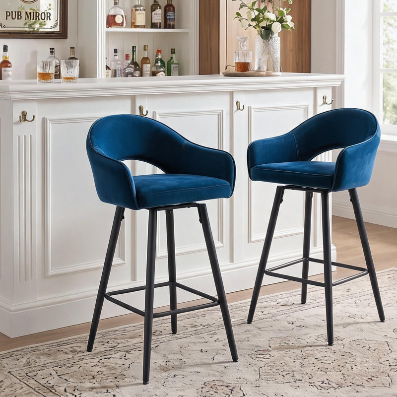 360°Swivel Upholstered Bar Stools with Iron Frame, Velet-Blue