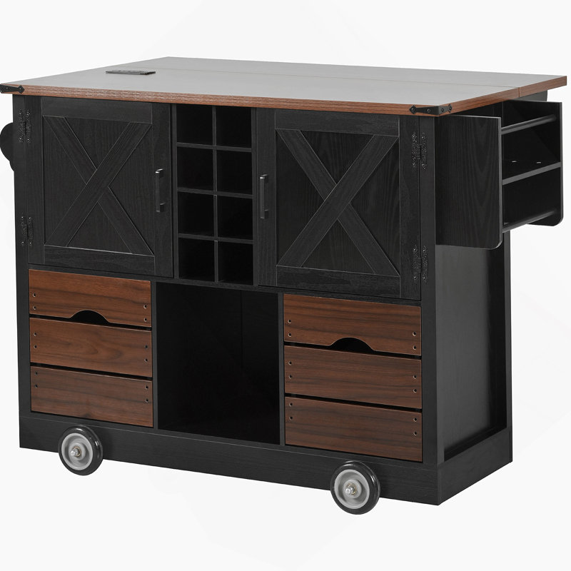 54" Farmhouse Kitchen Island With Drop Leaf, Power Outlet, Kitchen Storage Cart With 2 Doors, 2 Drawers, Rolling Kitchen Island On 4 Large Wheels With Spice Rack For Kitchen, Dining Room