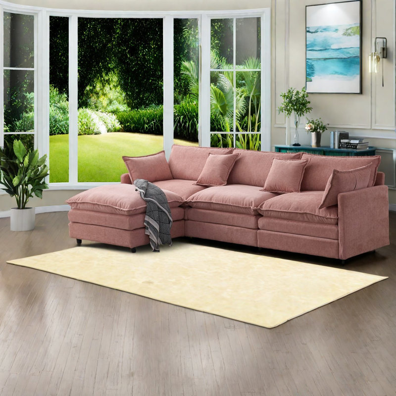 Canapé modulaire rose peu encombrant, chenille douce, forme en L confortable pour les salles familiales