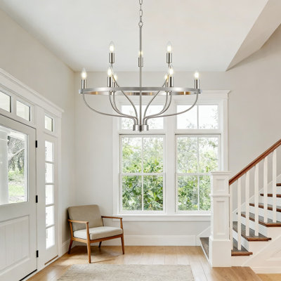 Lustre 9 lumières en nickel brossé, luminaire de style bougie de style campagne moderne pour salle à manger, îlot de cuisine, chambre à coucher, vestibule et salon, chaîne de suspension réglable, diamètre de 30 pouces