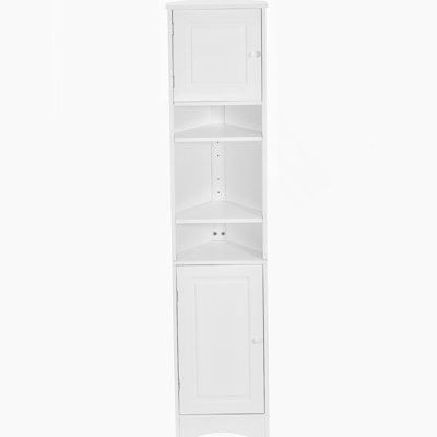 Armoire de coin pour le rangement de la salle de bain avec deux portes, des tablettes réglables et une tablette ouverte, idéale pour économiser de l'espace et organiser des articles