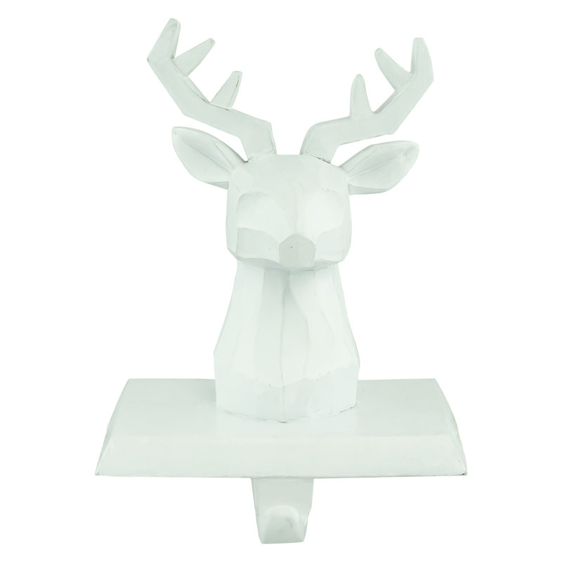 White Hand-Carved Reindeer Head Stocking Holders, Set of 2