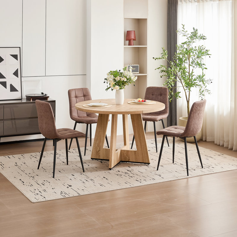 5 Piece 47'' Round Dining Table Set for 4, Farmhouse Kitchen Table with 4 Velvet/Corduroy Modern Dinning Room Chairs for Home, Apartment