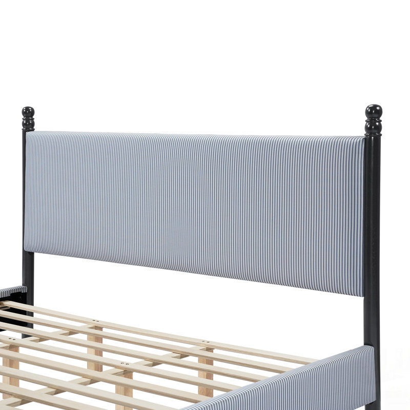 Lit tapissier rayé en bois d'hévéa avec tête haute et structure robuste, pour plus de confort et de durabilité