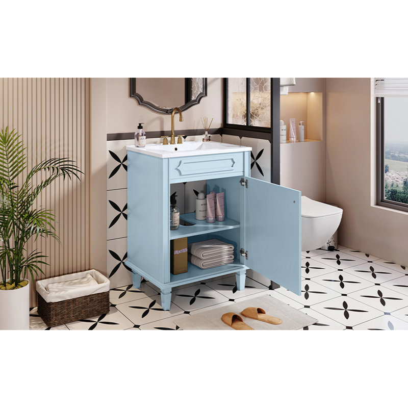 Ensemble de meuble-lavabo 24 po avec lavabo en céramique, armoire de rangement autoportante moderne, tablette réglable en hauteur, portes à fermeture douce