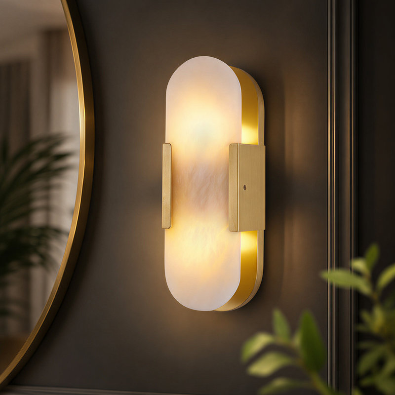 2-Light 14" Dimmable Wall Mounted Sconce with Alabaster Shade (Bulbs Included), Brass, No, 13.8" H x 4.6" W x 3.4" D