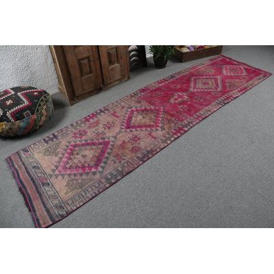 Handmade Turkish Runner Rug with Pink Geometric Motifs - A Unique Piece for Boho Living Spaces