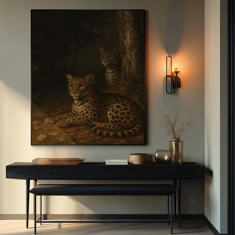 Très grand art mural imprimé sur tissu - Léopards se reposant et regardant dans un décor de boisé décorant une œuvre pour le salon ou la chambre à coucher - «Assemblage requis du cadre (cadre non fini)»