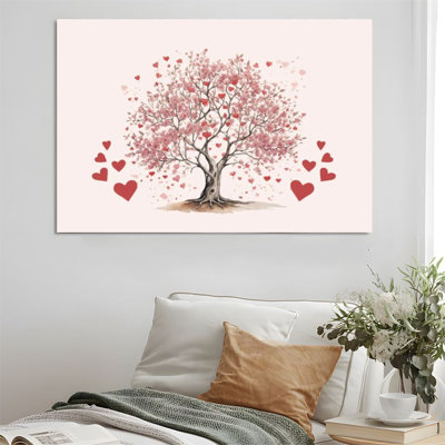 2D Flat, 1Pc Framed Canvas Wall Art, Cherry Blossom Tree, Love Elements, Watercolor Illustration Style Art Print Canvas Poster Painting Room Wall Decor, Ideal Gift For Bedroom Living Room Hallway Dorm, Ready To Hang
