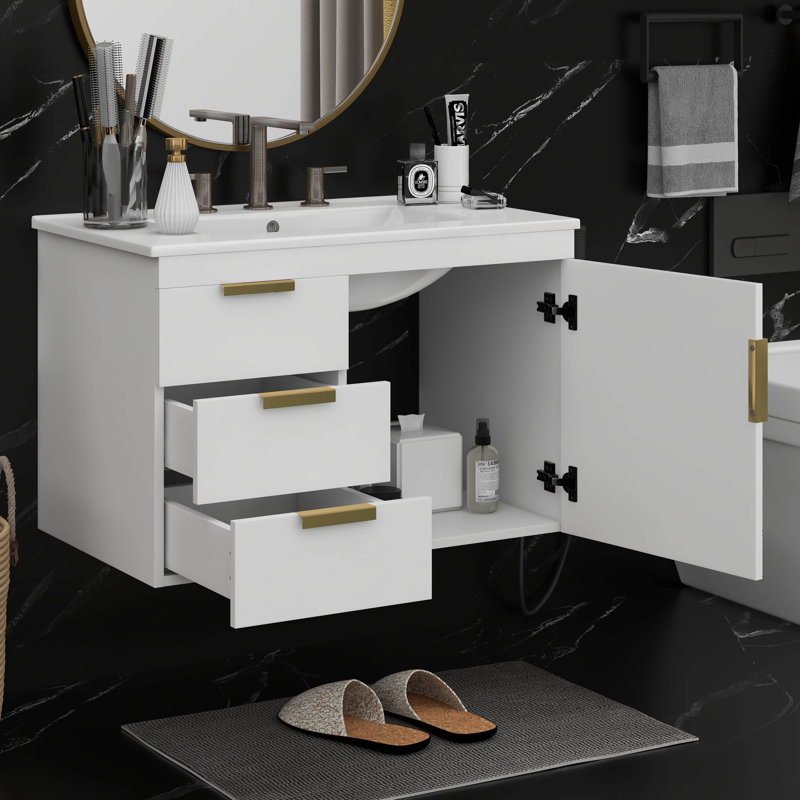 Armoire de salle de bain murale 30 "avec lavabo en céramique, armoire de salle de bain avec porte à fermeture en douceur et tiroirs