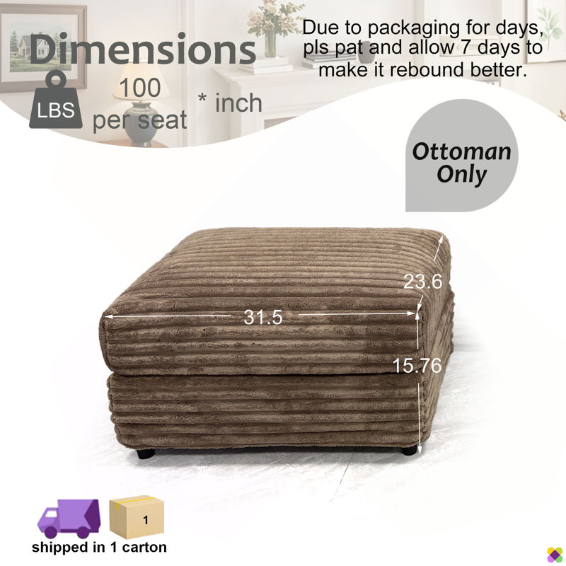 Gus 31.5"W Corduroy Ottoman, Brown