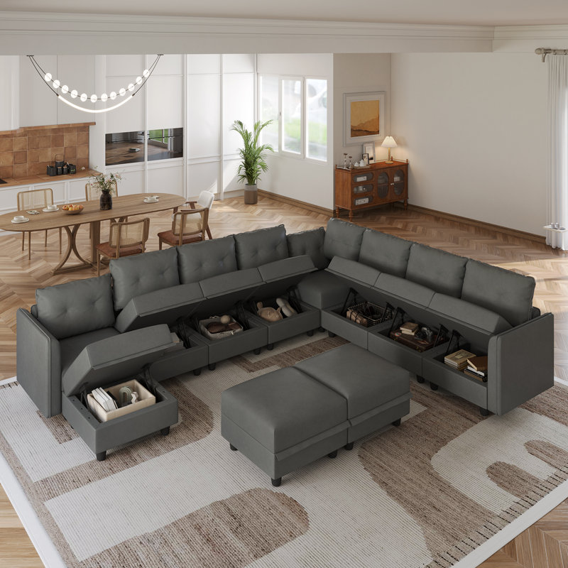 Edorta Upholstered U-Shaped Sectional, Gray Polyester