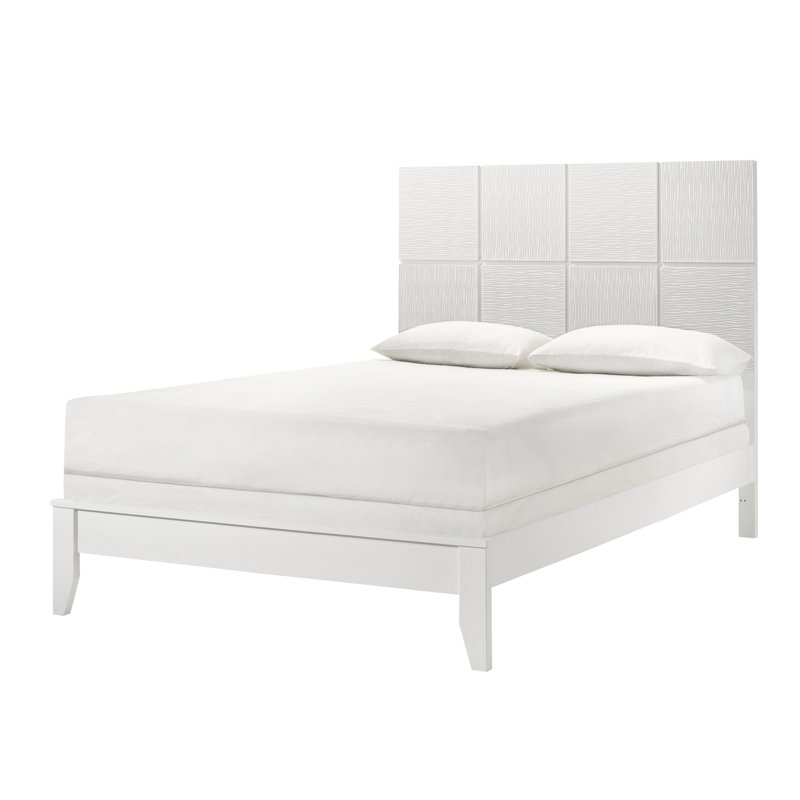 1Pc Contemporary Queen Bed With Geometric Paneling Headboard, White Finish, Textured Front, Wood For Bedroom Use Featuring Style, Frame